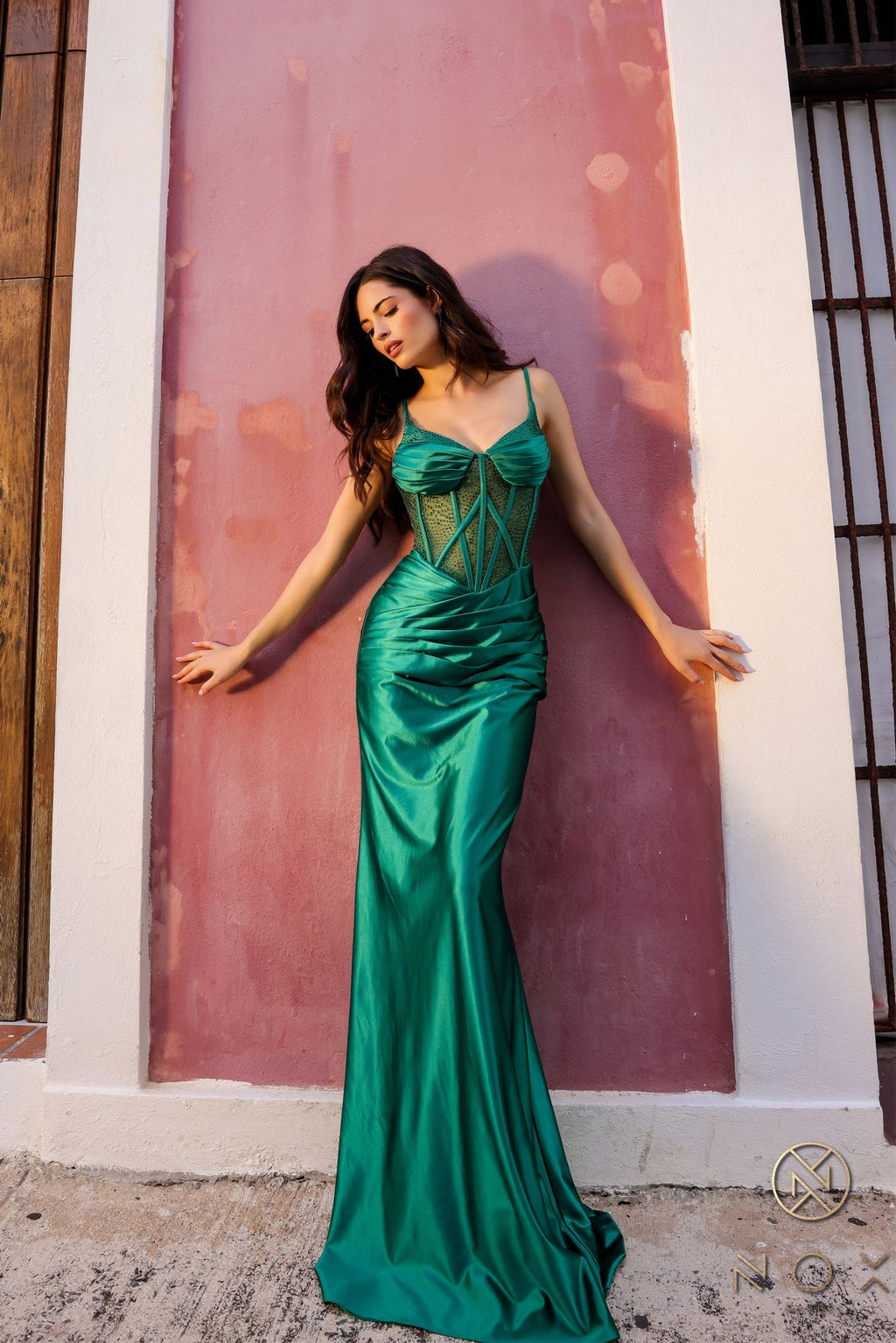 Gown V-neckline with exquisite rhinestone detailing on the Sheer Boned corset. NXE1292