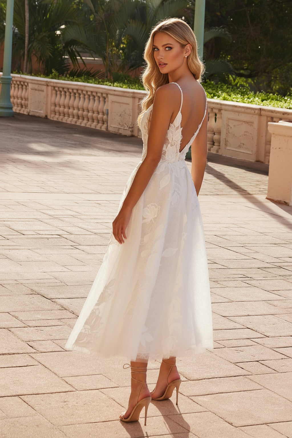 Elegant Plunged Neckline Tea Length Wedding Dress NXJE1027