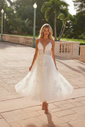 Elegant Plunged Neckline Tea Length Wedding Dress NXJE1027