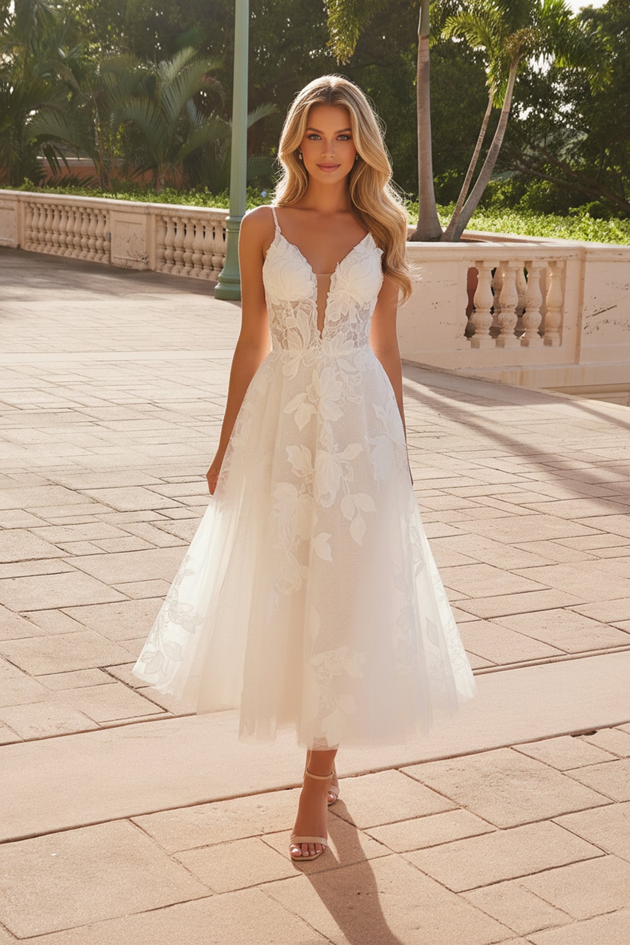 Elegant Plunged Neckline Tea Length Wedding Dress NXJE1027