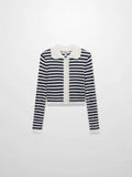 Striped Scalloped Edge Cardigan-Navy/White
