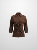 Waist Tie Button Down T-Shirt-Brown