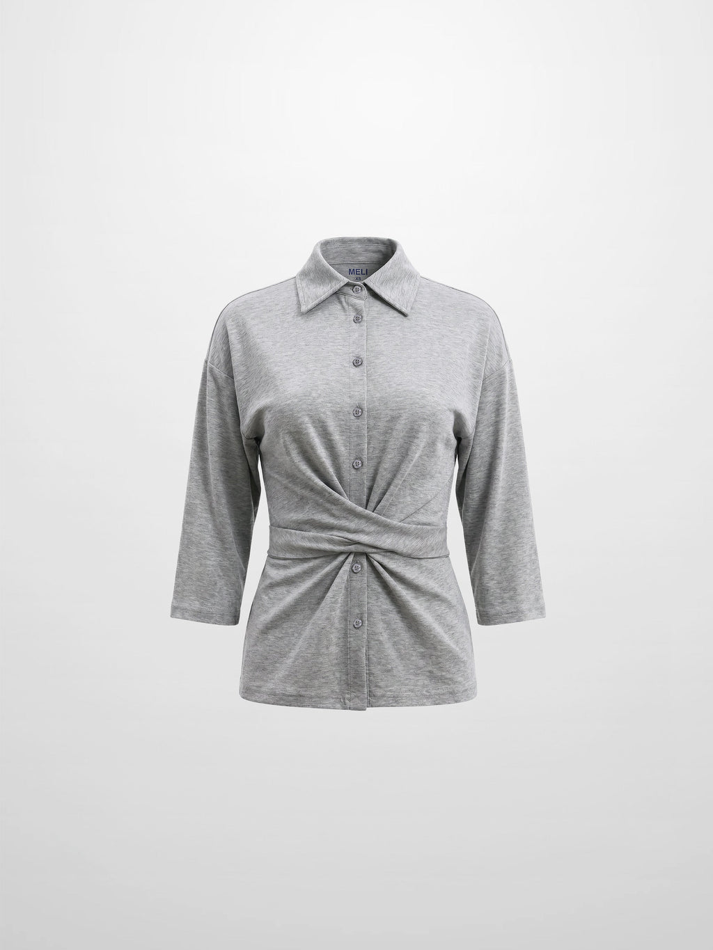 Waist Tie Button Down T-Shirt-Heather Grey