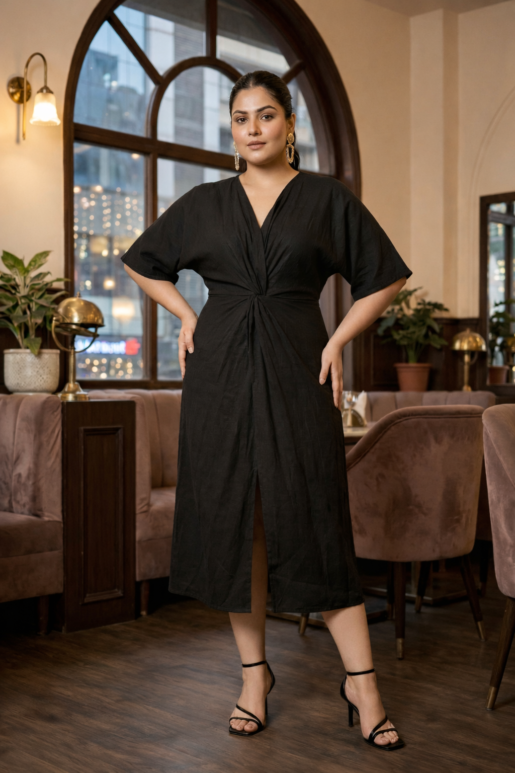 Regular Black Front Knot Satin Dress