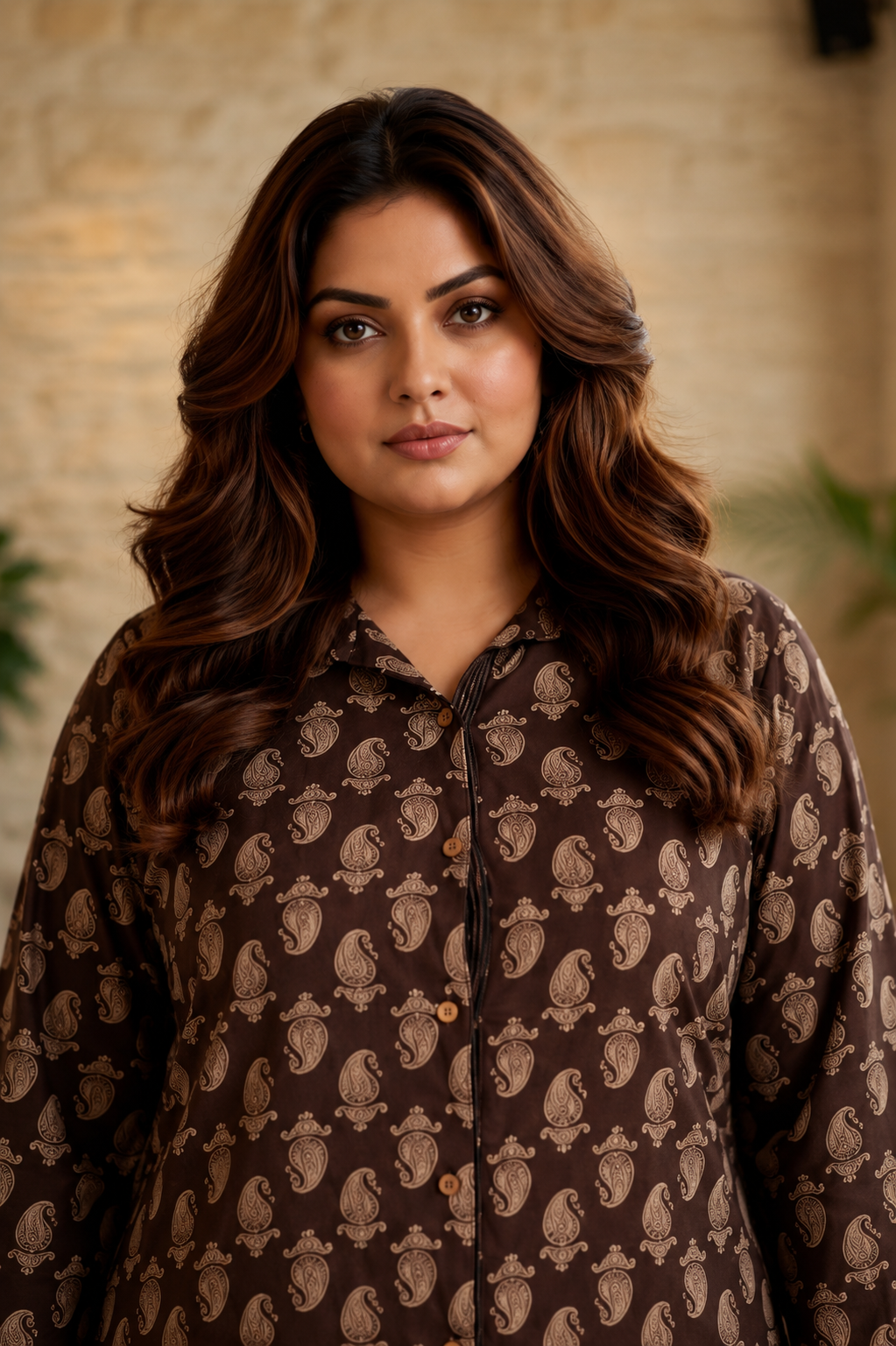 Brown Printed Kurta with Kantha Pants