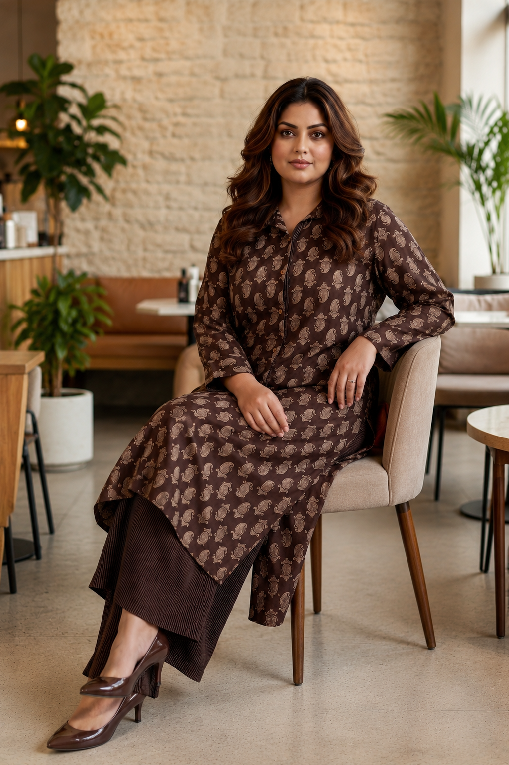Brown Printed Kurta with Kantha Pants
