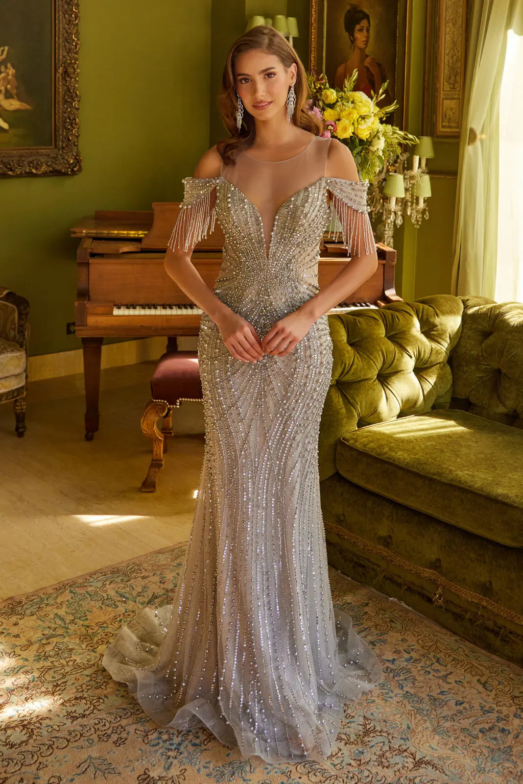 Illusion v neck sheer waist cutout embellished dress with beaded fringe straps GLGL3593