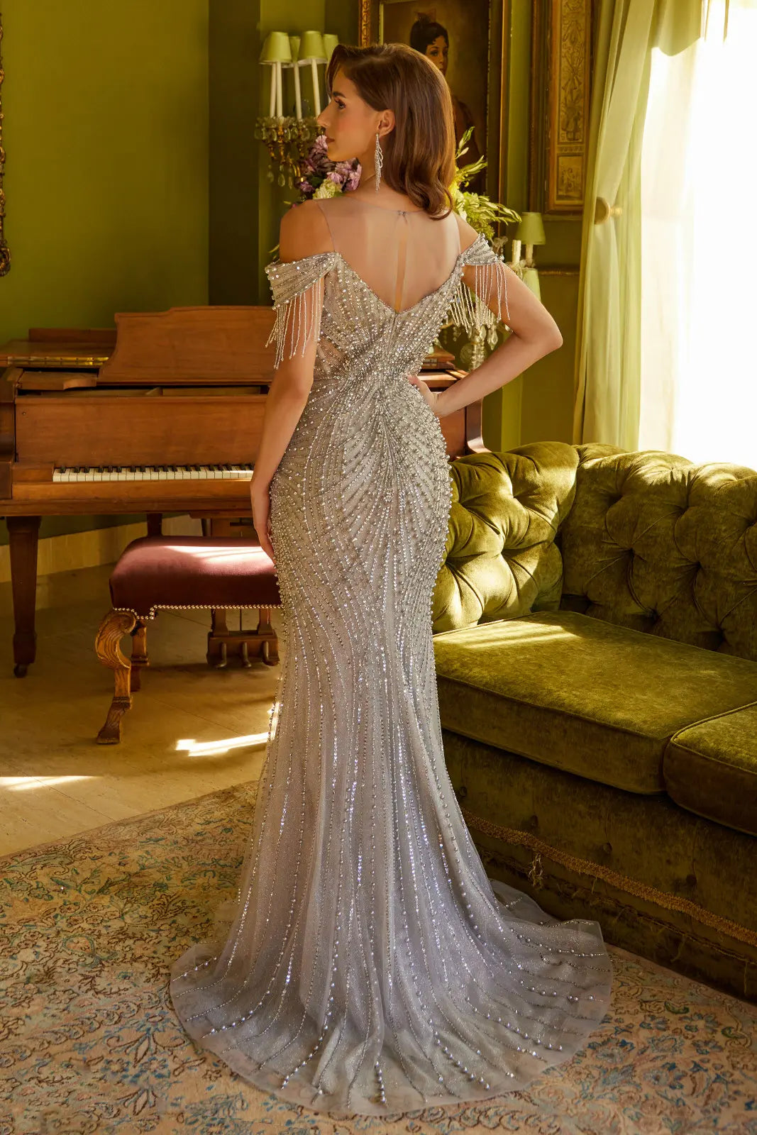 Illusion v neck sheer waist cutout embellished dress with beaded fringe straps GLGL3593