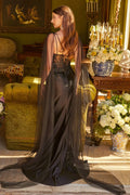 Embellished scallop edge lace up back lace bodice satin skirt dress with watteau train GLGL3615