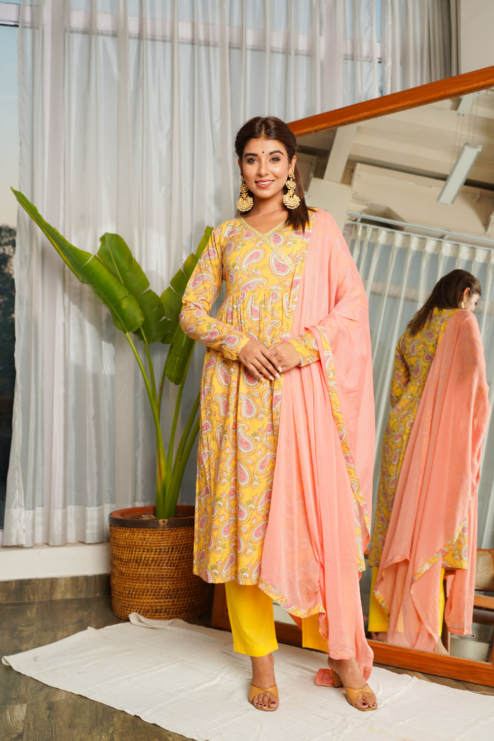 Yellow Peach Paisley Angarakha Suit Set - (Set of 3)