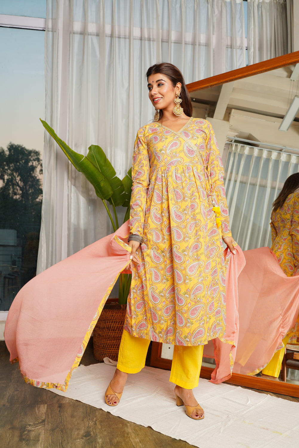 Yellow Peach Paisley Angarakha Suit Set - (Set of 3)