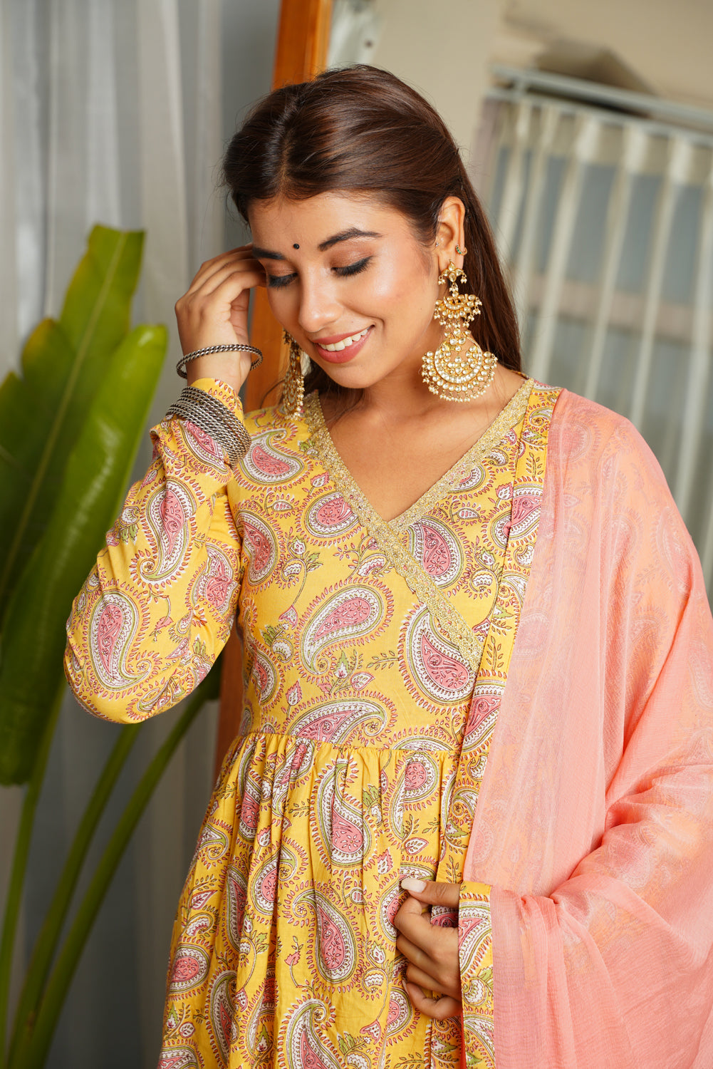 Yellow Peach Paisley Angarakha Suit Set - (Set of 3)