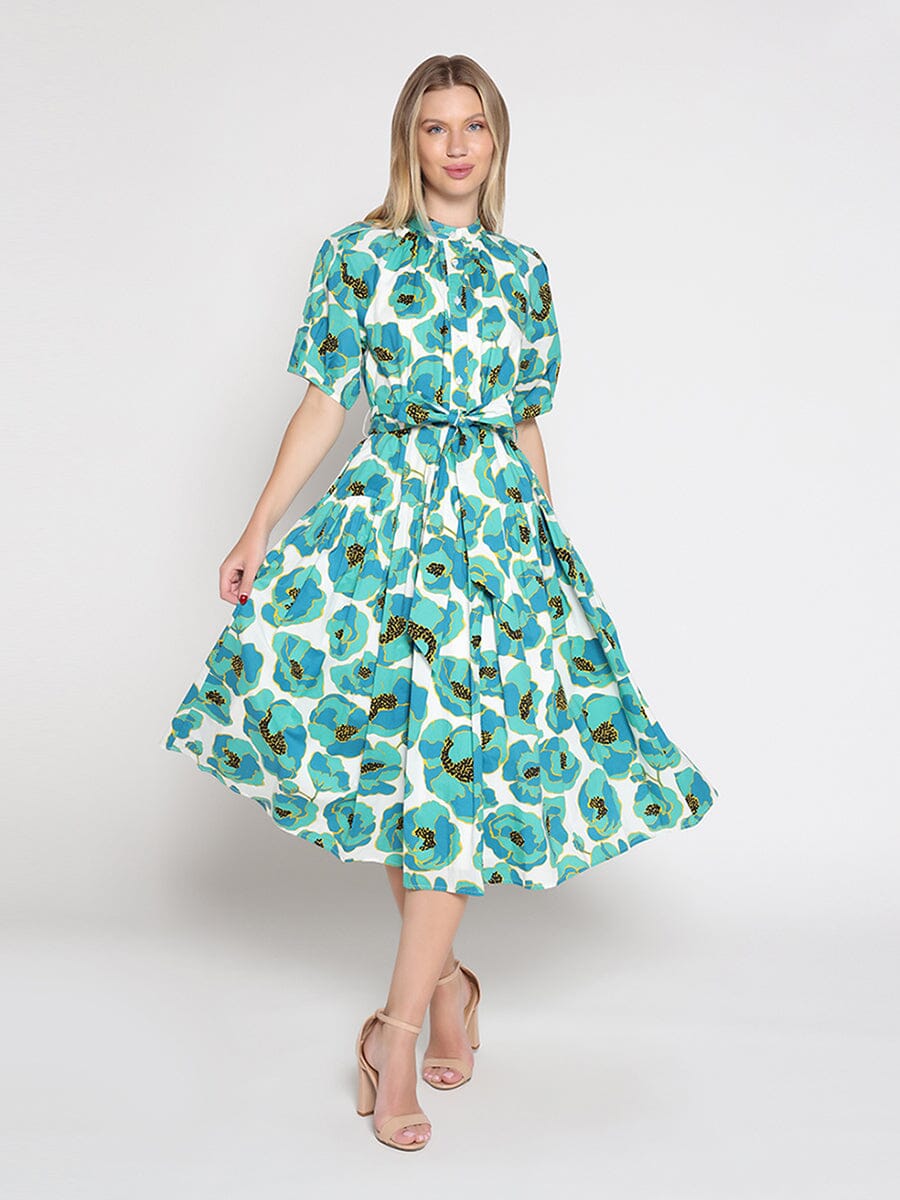 Gathered neck floral print belt dress
