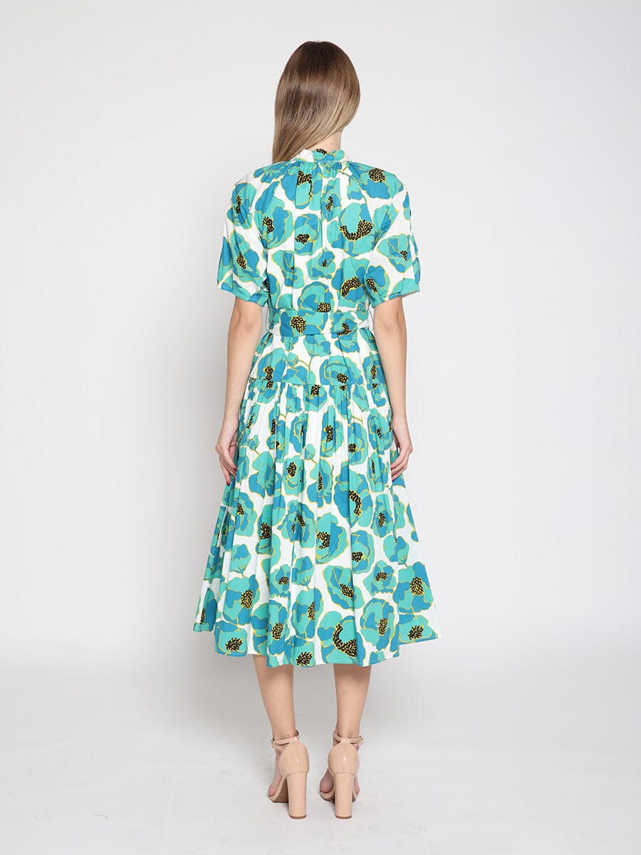 Gathered neck floral print belt dress