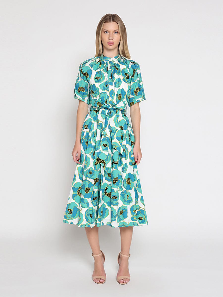 Gathered neck floral print belt dress