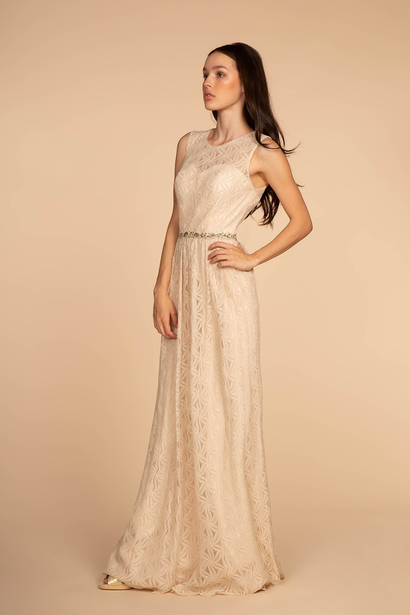 Jewel Embellished Waist Lace Long Mother Of The Bride Dress GLGL2611