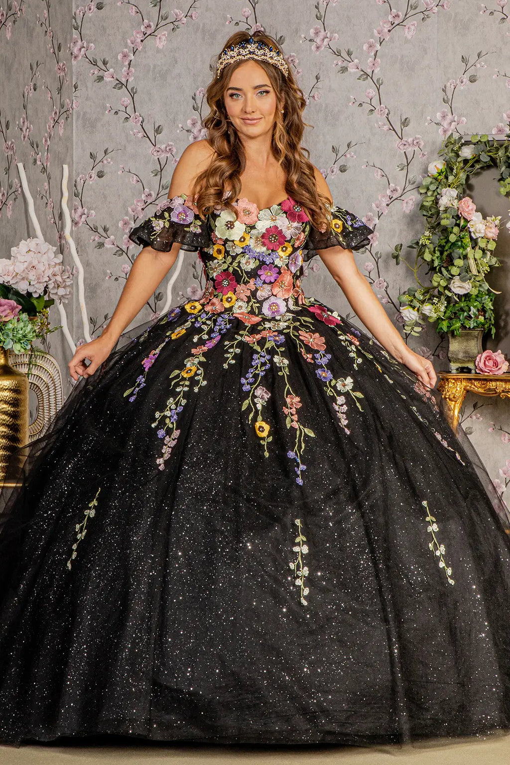3 d flower applique mesh quinceanera gown w detachable short sleeves GLGL3177