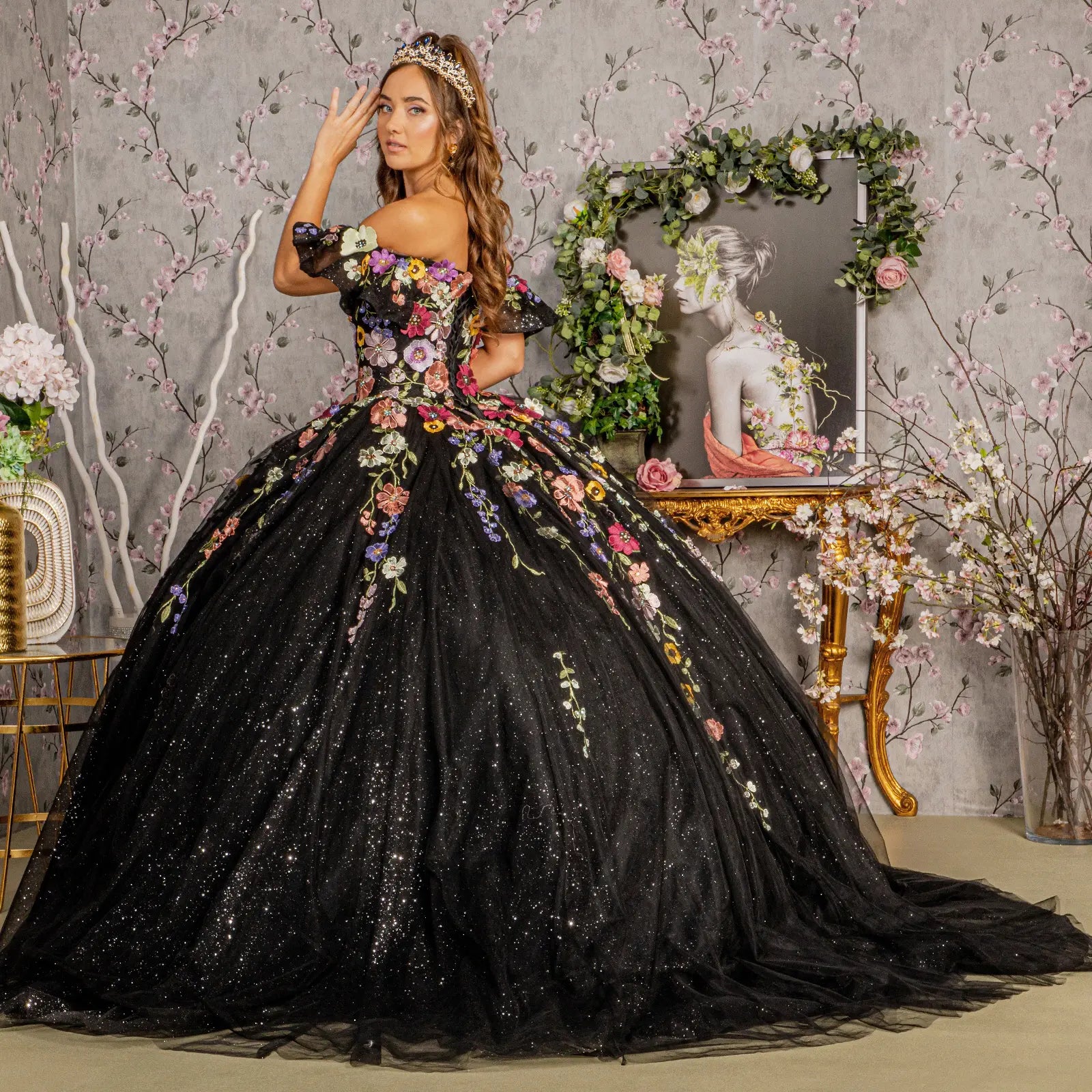3 d flower applique mesh quinceanera gown w detachable short sleeves GLGL3177