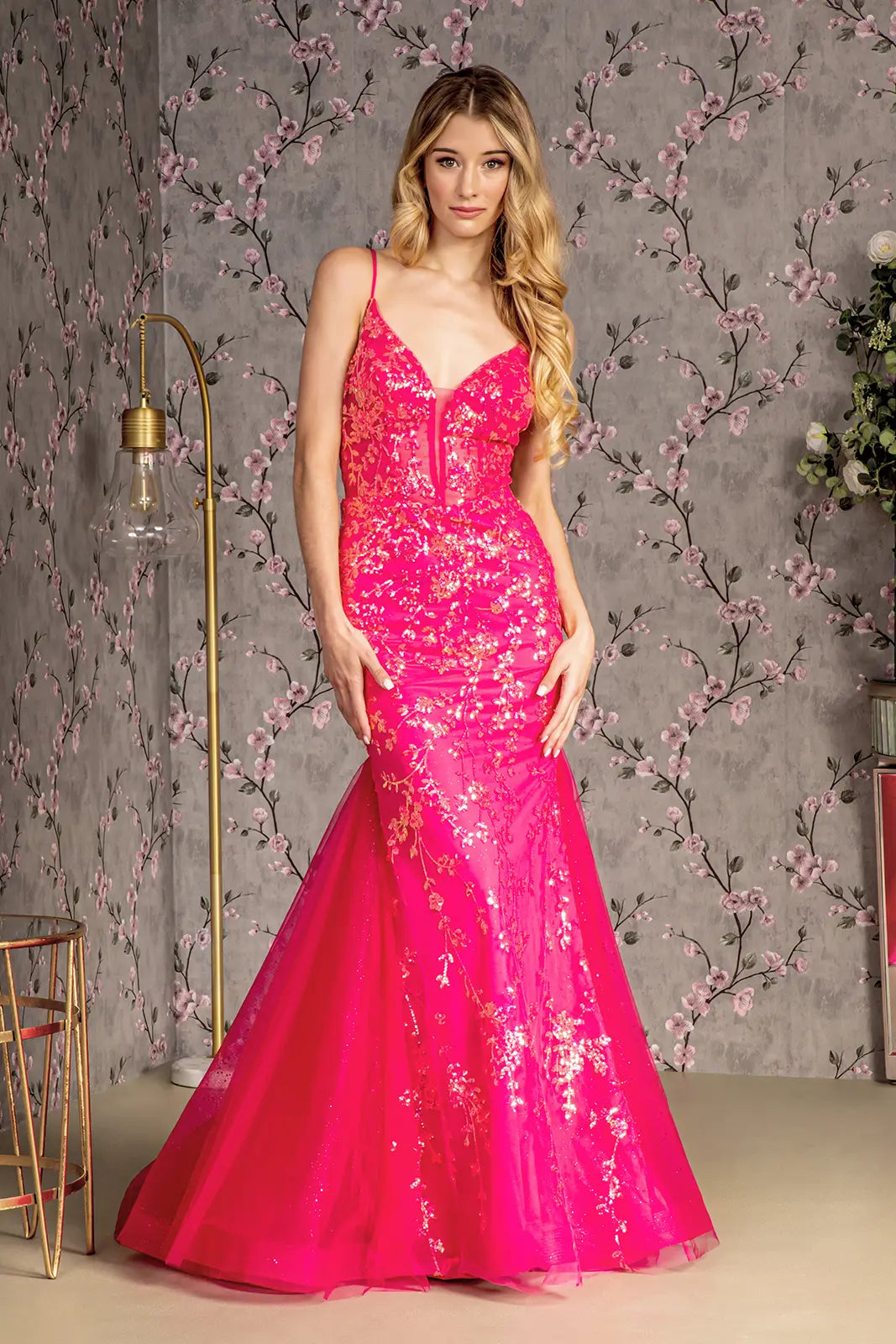 Glitter sequin sheer bodice mesh trumpet long dress GLGL3220