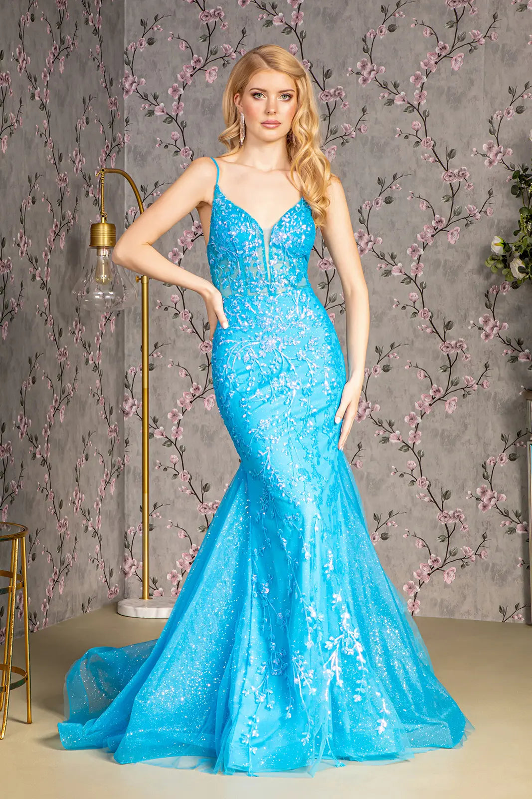Glitter sequin sheer bodice mesh trumpet long dress GLGL3220