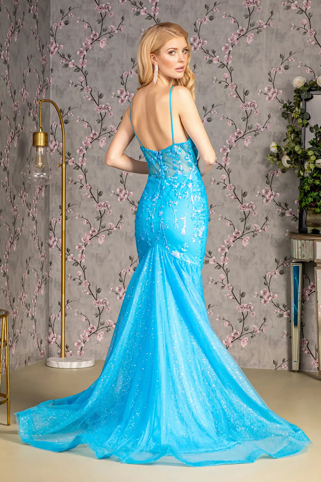 Glitter sequin sheer bodice mesh trumpet long dress GLGL3220