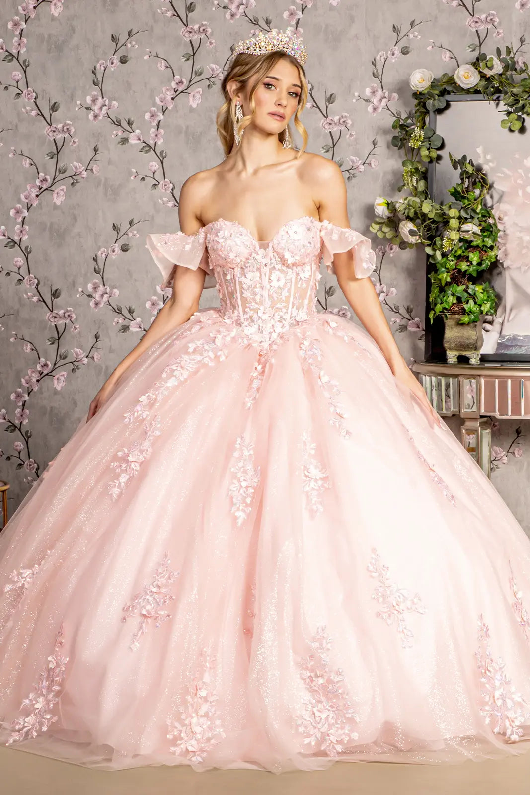 Soft Lightweight Quinceanera Mesh Gown w/ Floral Embroidery & Corset Bodice GLGL3475
