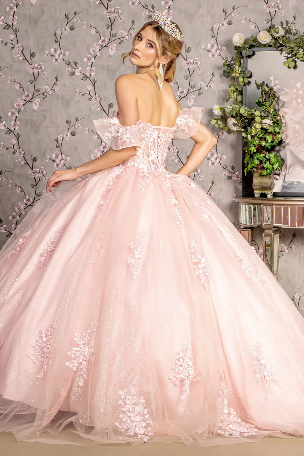 Soft Lightweight Quinceanera Mesh Gown w/ Floral Embroidery & Corset Bodice GLGL3475