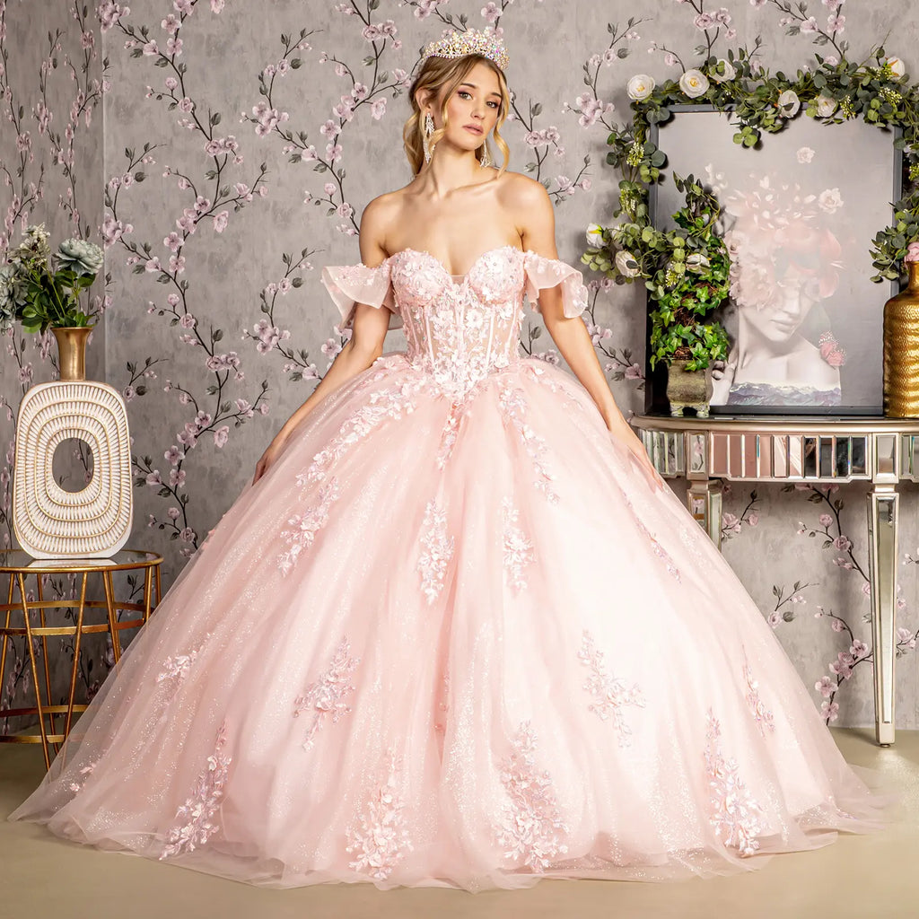 Soft Lightweight Quinceanera Mesh Gown w/ Floral Embroidery & Corset Bodice GLGL3475