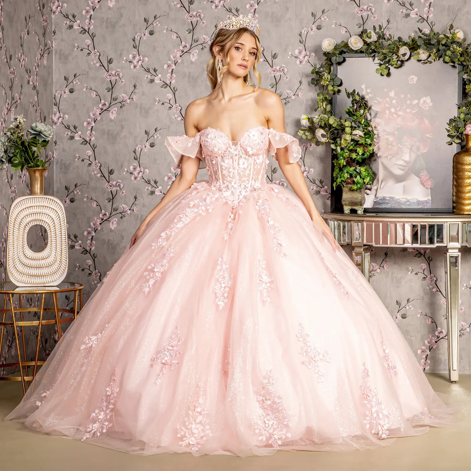 Soft Lightweight Quinceanera Mesh Gown w/ Floral Embroidery & Corset Bodice GLGL3475