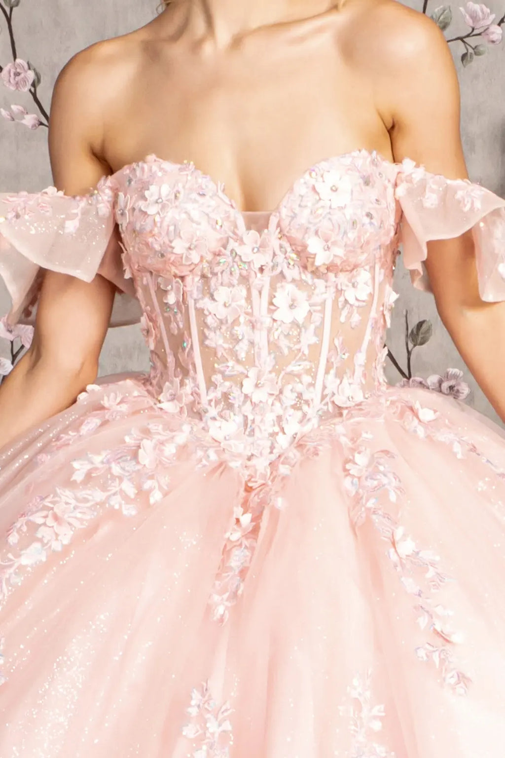 Soft Lightweight Quinceanera Mesh Gown w/ Floral Embroidery & Corset Bodice GLGL3475