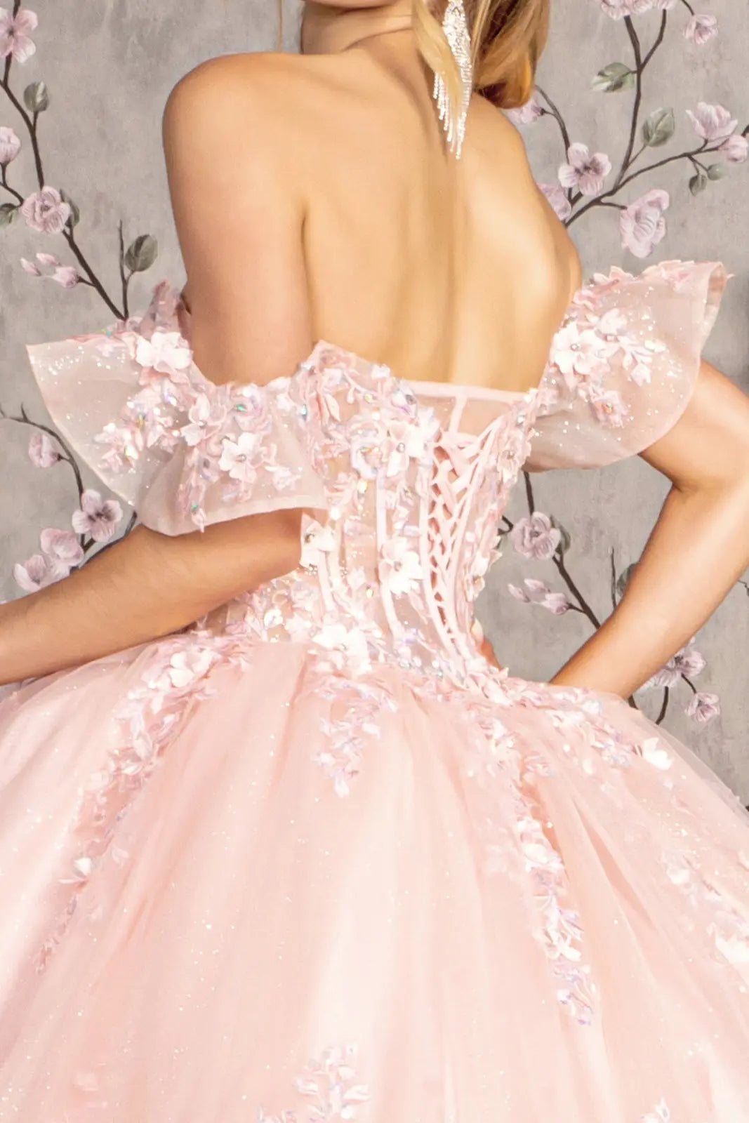 Soft Lightweight Quinceanera Mesh Gown w/ Floral Embroidery & Corset Bodice GLGL3475