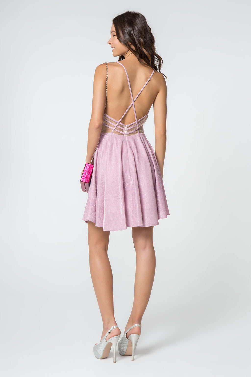 Illusion Deep V-Neck Glitter Crepe w/ Strap Back Short Homecoming Dress GLGS2839
