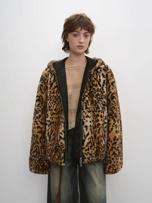 "Leopard Fantasy" Leopard Spot Print Reversible Drop Shoulder Hooded Custom Rabbit Fur Coat