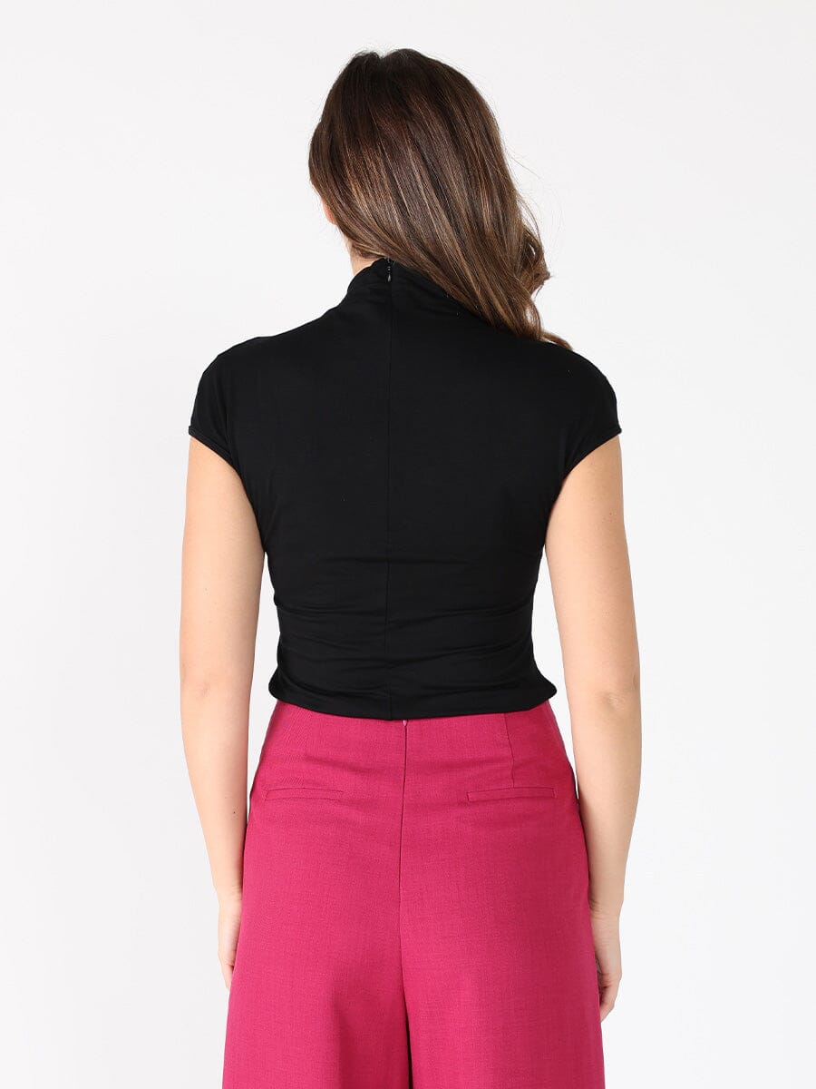Sequin Stitched Front Cap Sleeve Mock Neck Top