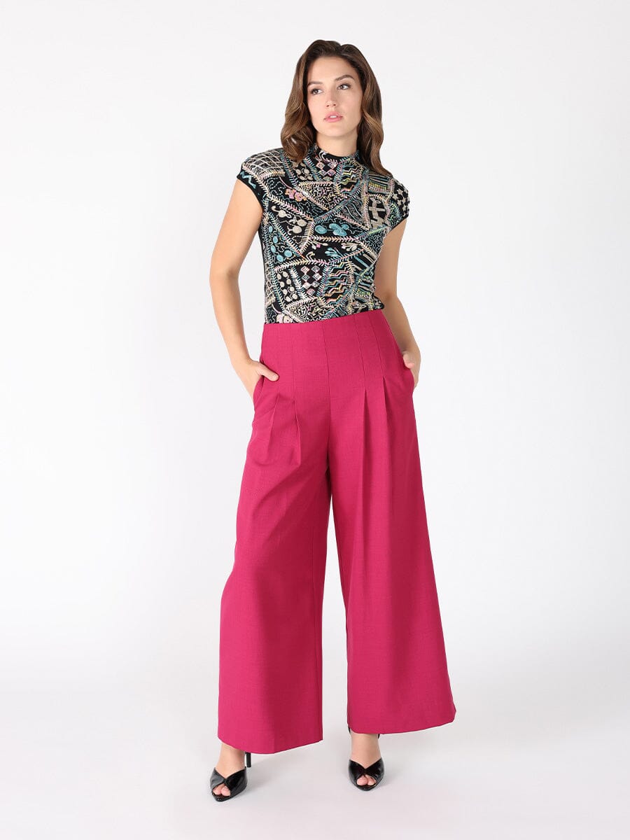 Sequin Stitched Front Cap Sleeve Mock Neck Top