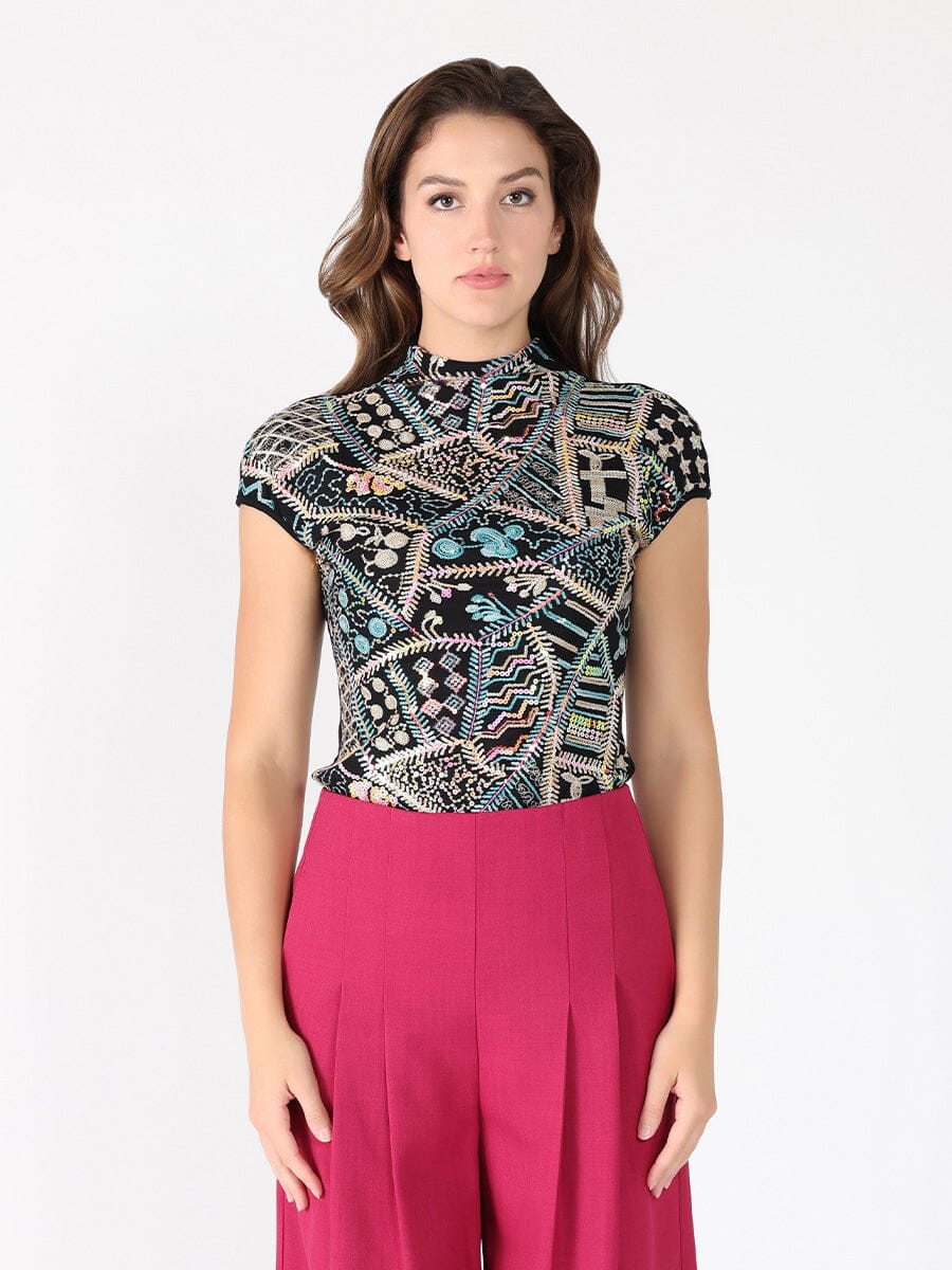 Sequin Stitched Front Cap Sleeve Mock Neck Top