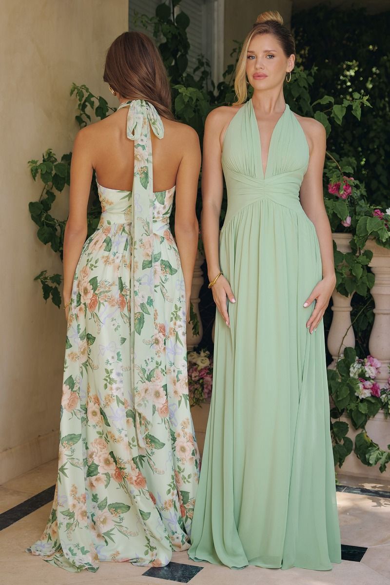 Sleeveless A-Line Garden Party Chiffon Gown w/ Halter Neckline & Floral Print CDT719