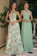 Sleeveless A-Line Garden Party Chiffon Gown w/ Halter Neckline & Floral Print CDT719