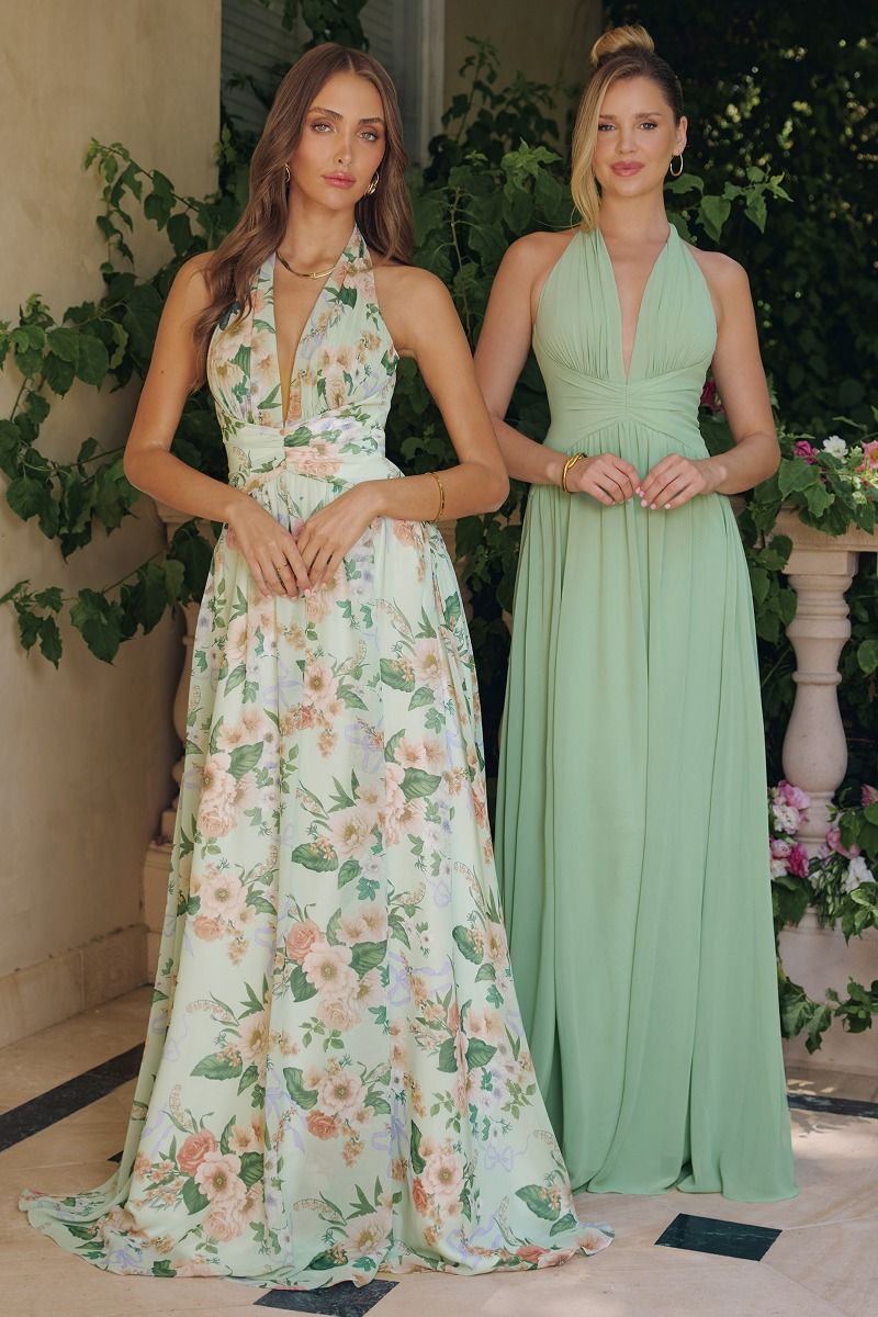 Sleeveless A-Line Garden Party Chiffon Gown w/ Halter Neckline & Floral Print CDT719