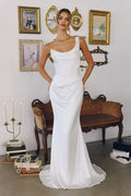 Snow White One Shoulder Sheath Wedding Gown w/ Corset Bodice & Ruched Details CDT727W