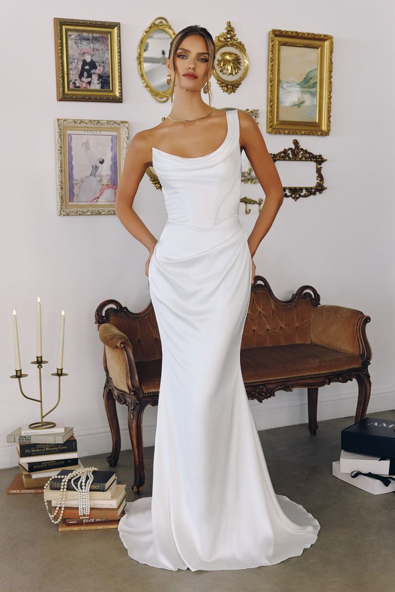 Snow White One Shoulder Sheath Wedding Gown w/ Corset Bodice & Ruched Details CDT727W